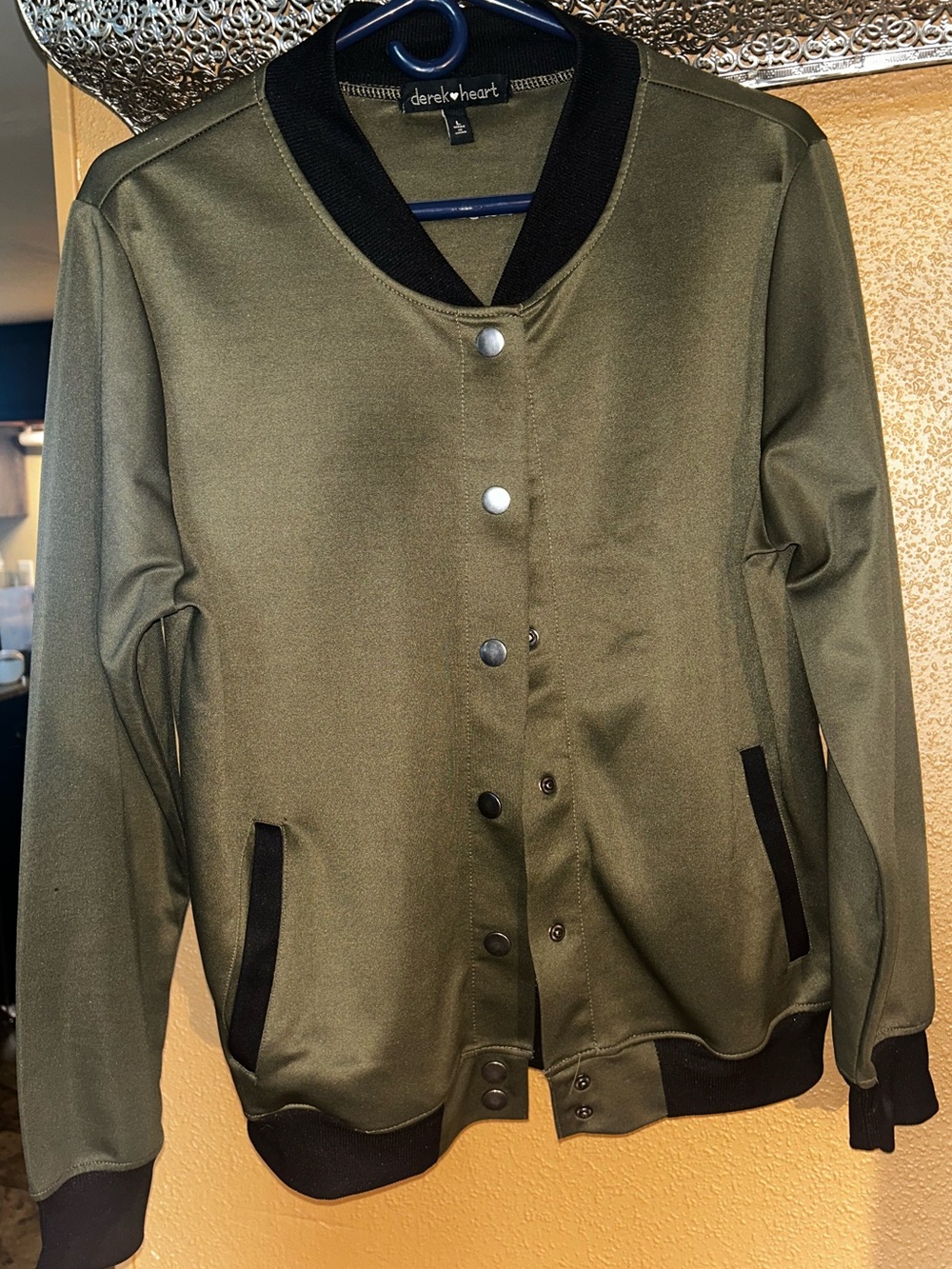 Derek Heart Olive Green Bomber Jacket with Black Trim